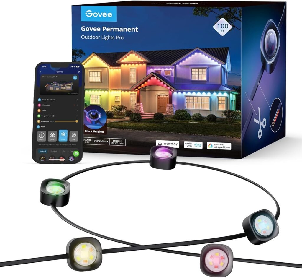 Govee Permanent Outdoor Lights Pro, 100ft with 60 RGBIC LED Lights for Daily and Accent Lighting, 75 Scene Modes for Christmas, IP67 Waterproof, Works with Alexa, Google Assistant, Matter, Black