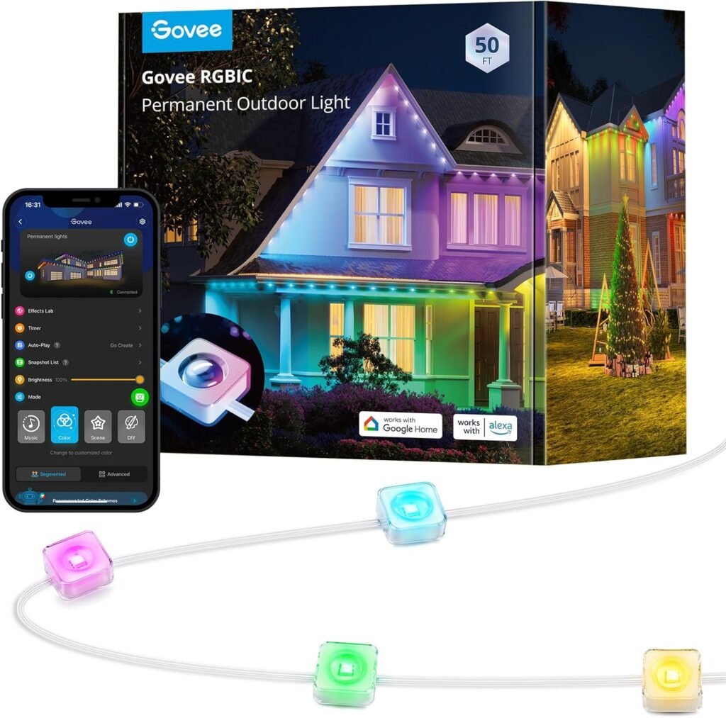 Govee Permanent Outdoor Lights, Smart RGBIC Outdoor Lights with 75 Scene Modes, 100ft with 72 LED Christmas Lights, IP67 Waterproof for Christmas Decorations, Work with Alexa, Google Assistant, White