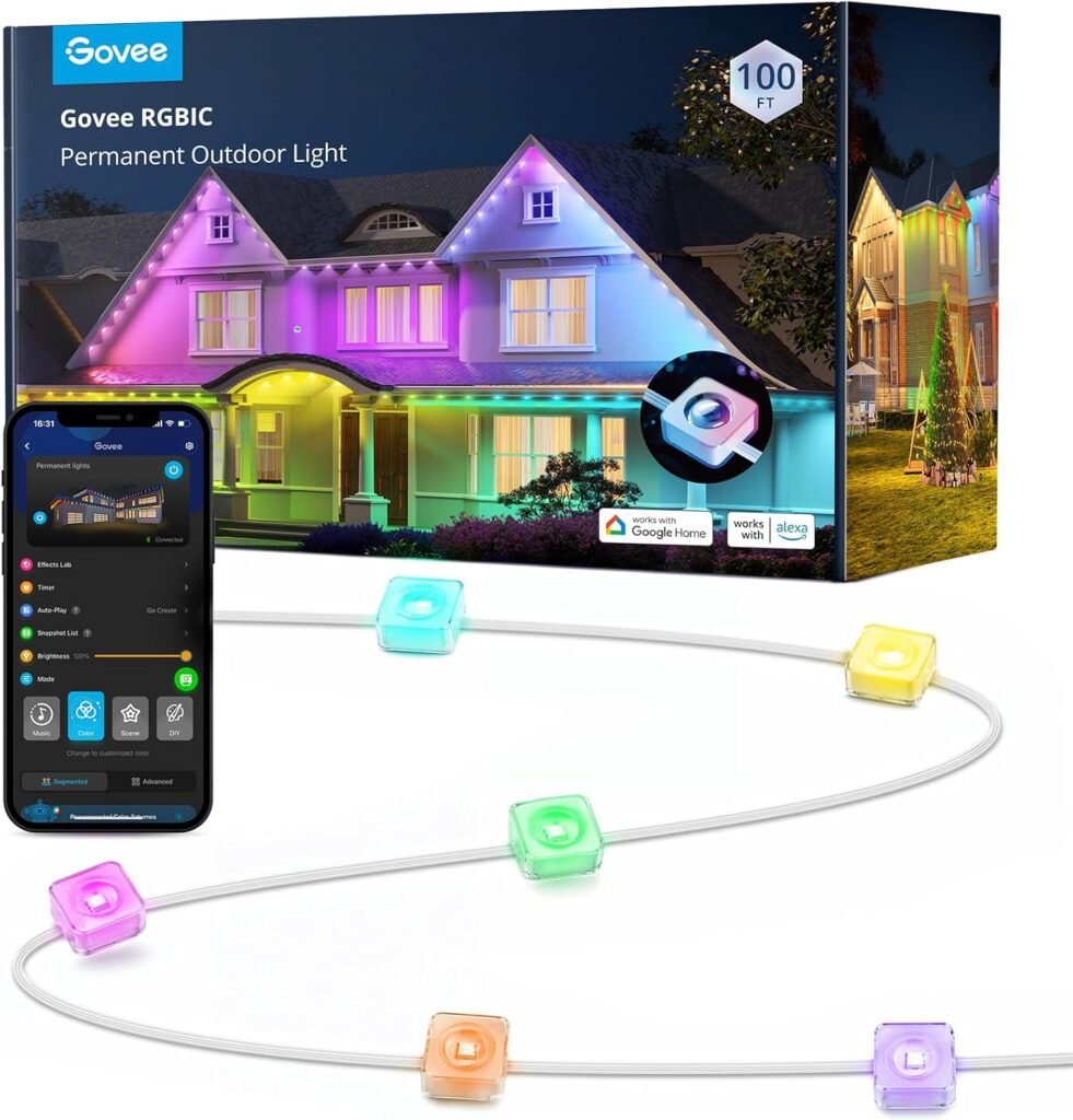 Govee Permanent Outdoor Lights, Smart RGBIC Outdoor Lights with 75 Scene Modes, 100ft with 72 LED Christmas Lights, IP67 Waterproof for Christmas Decorations, Work with Alexa, Google Assistant, White