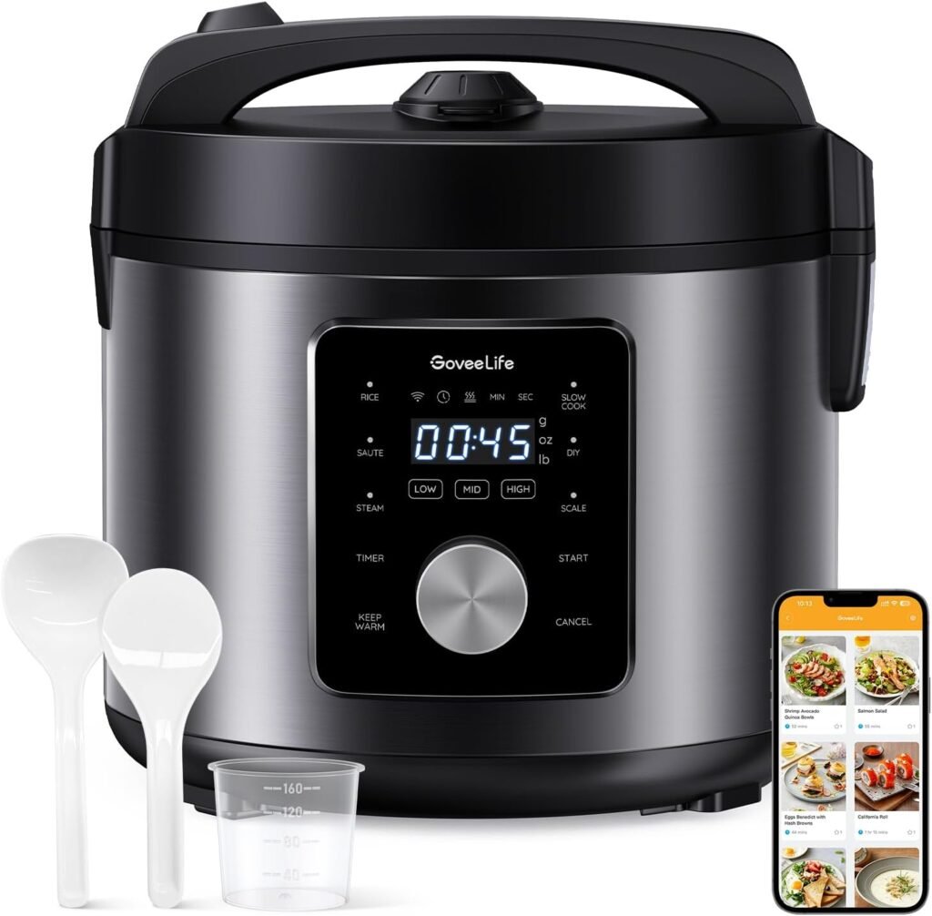 GoveeLife Smart Rice Cooker, 6-in-1 Multi-Cooker, Slow Cooker, Yogurt Maker, Saute Pan, Steamer, Food Warmer, 1000W, 10-Cup Uncooked 5.2 Quart, Includes App with 33 Recipes