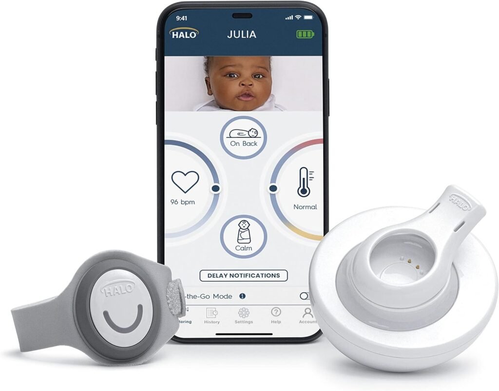 HALO SleepSure Smart Baby Monitor - Live Heart Rate View, Rollover, Skin Temperature, and Motion Notifications with On-The-Go Monitoring, Historic Sleep Data, Customizable Settings – Gray