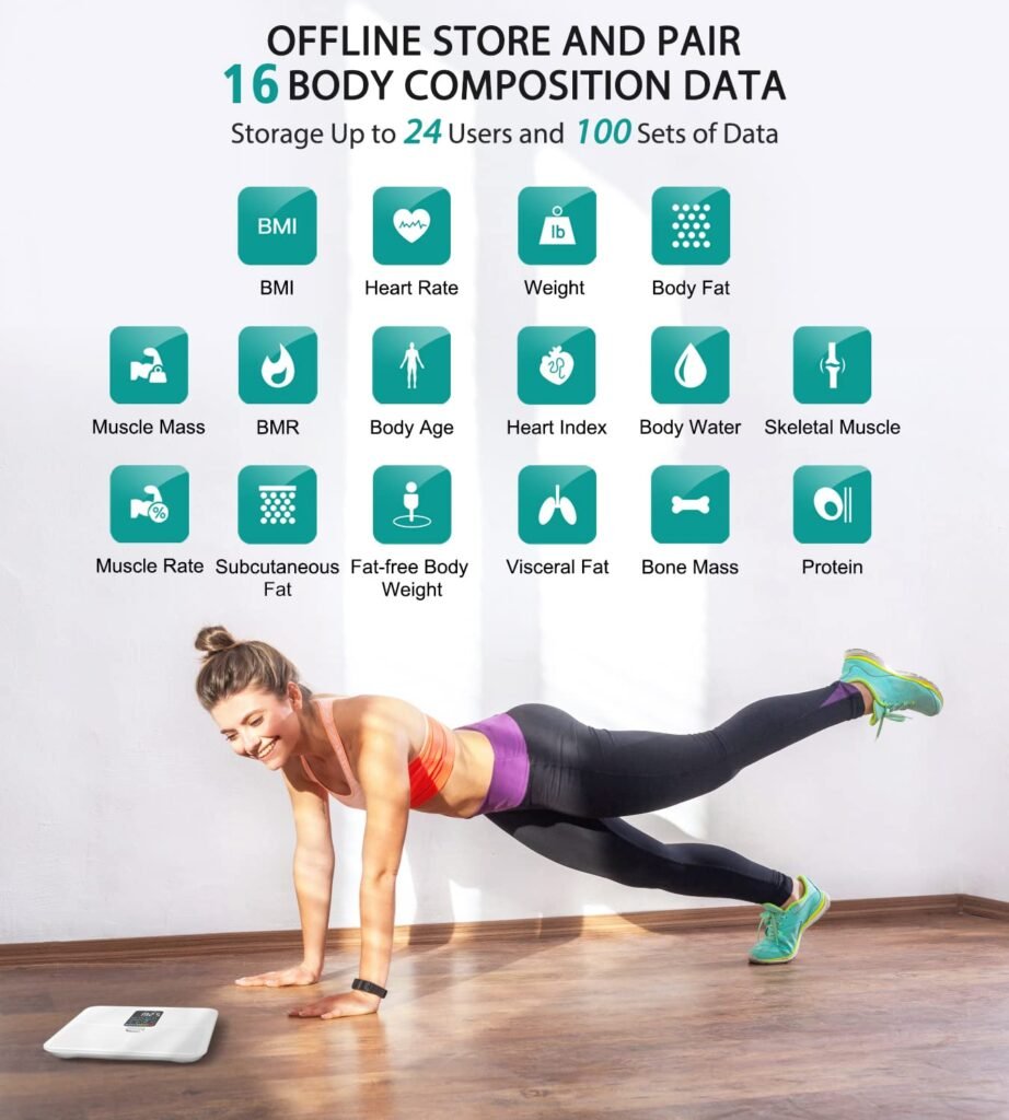 ABLEGRID Body Fat Scale,Digital Smart Bathroom Scale for Body Weight, Large LCD Display Screen, 16 Body Composition Metrics BMI, Water Weigh, Heart Rate, Baby Mode, 400lb, Rechargeable