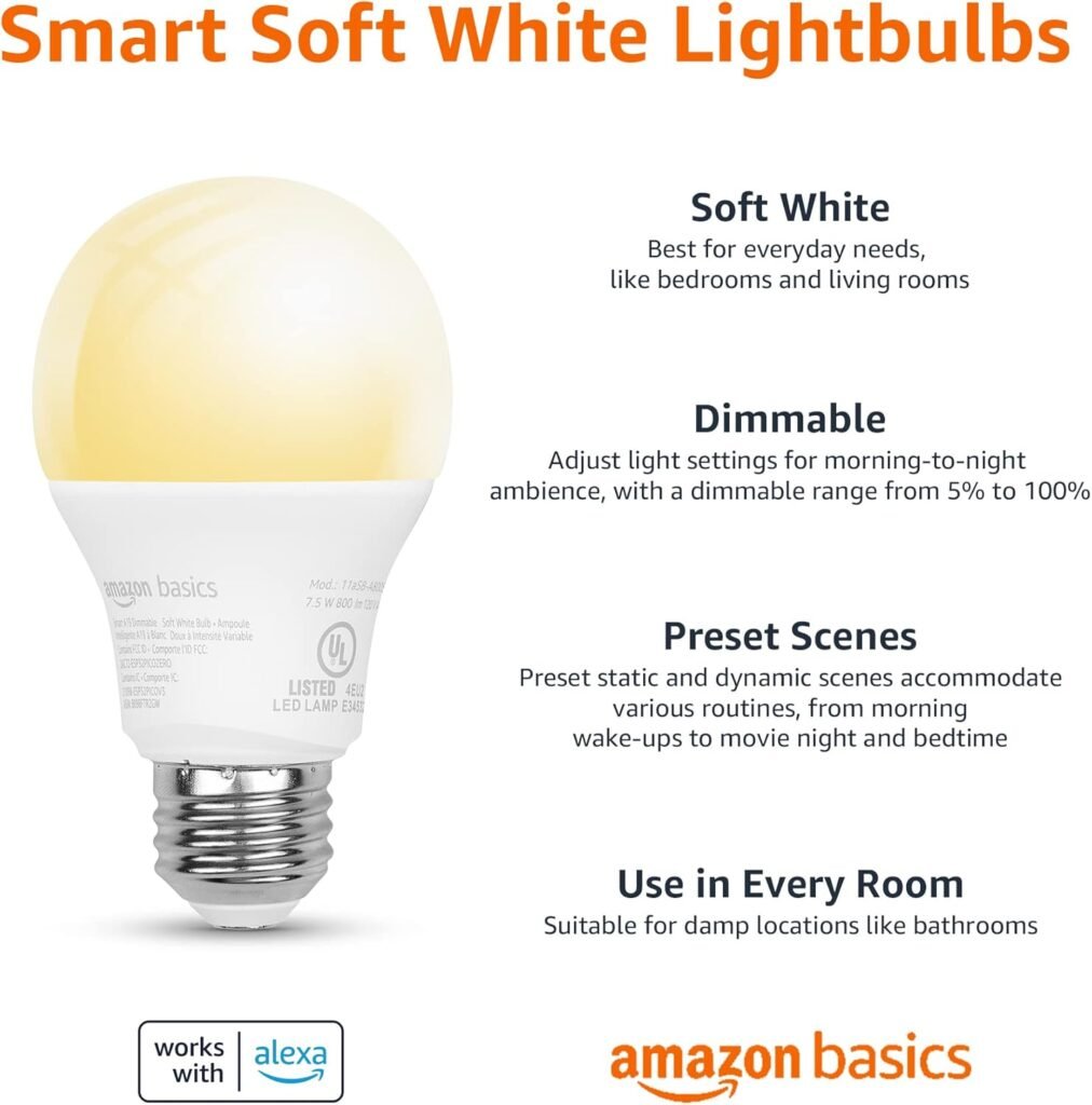 Amazon Basics Smart A19 LED Light Bulb, Color Changing, 9W (60W Equivalent), 800LM, Works with Alexa Only, 2.4 GHz Wi-Fi, No Hub Required, 4-Pack