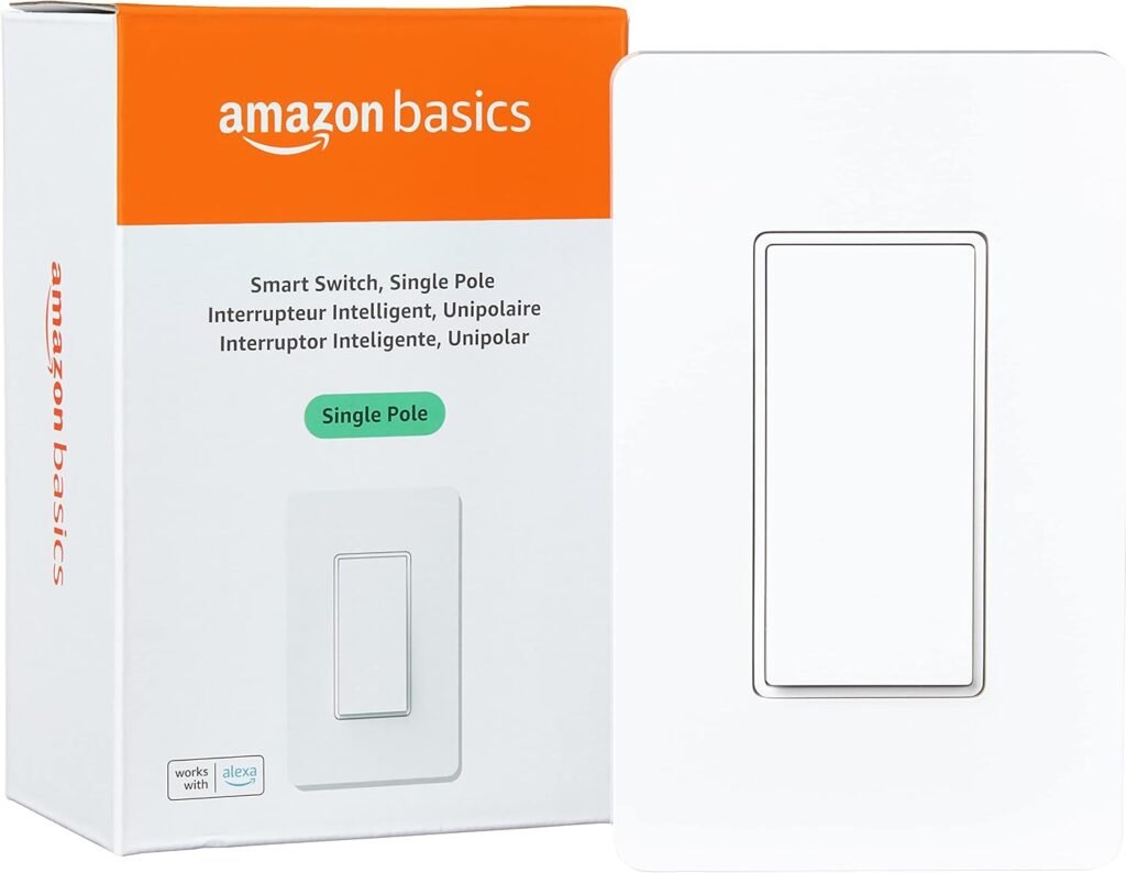 Amazon Basics Smart Light Switch Compatible With Alexa Only, Single Pole, 2.4 GHz Wi-Fi, No Hub Required, White, 2.91 x 4.65 x 1.62 in