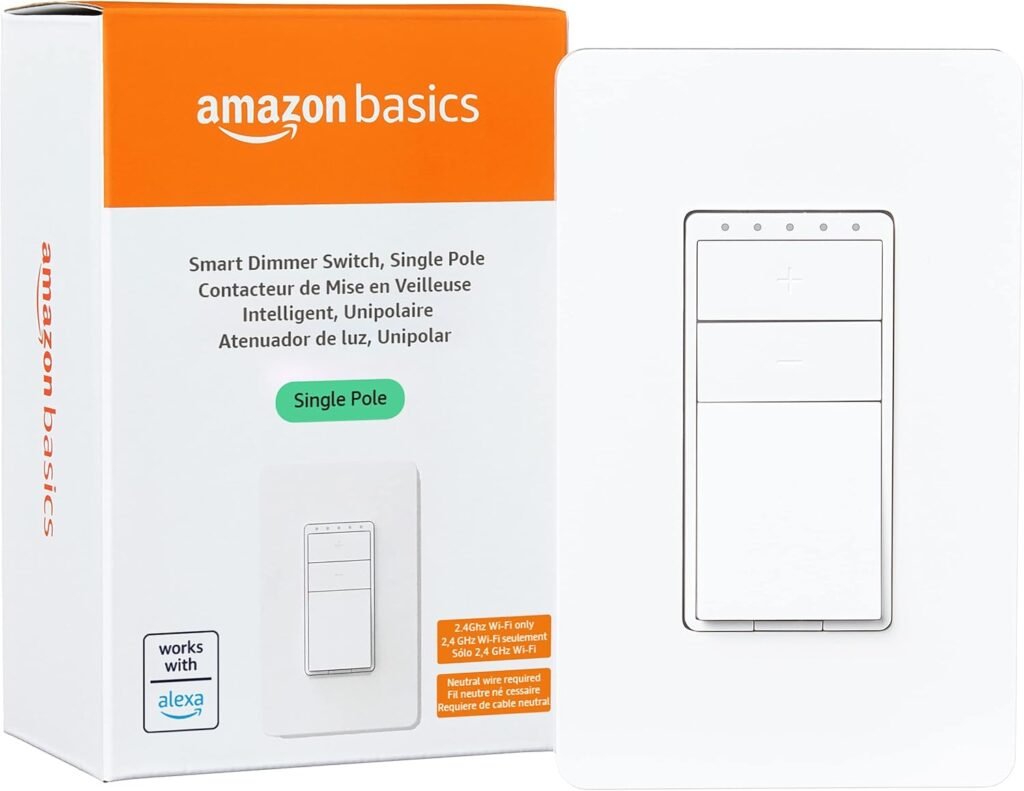 Amazon Basics Smart Light Switch Compatible With Alexa Only, Single Pole, 2.4 GHz Wi-Fi, No Hub Required, White, 2.91 x 4.65 x 1.62 in