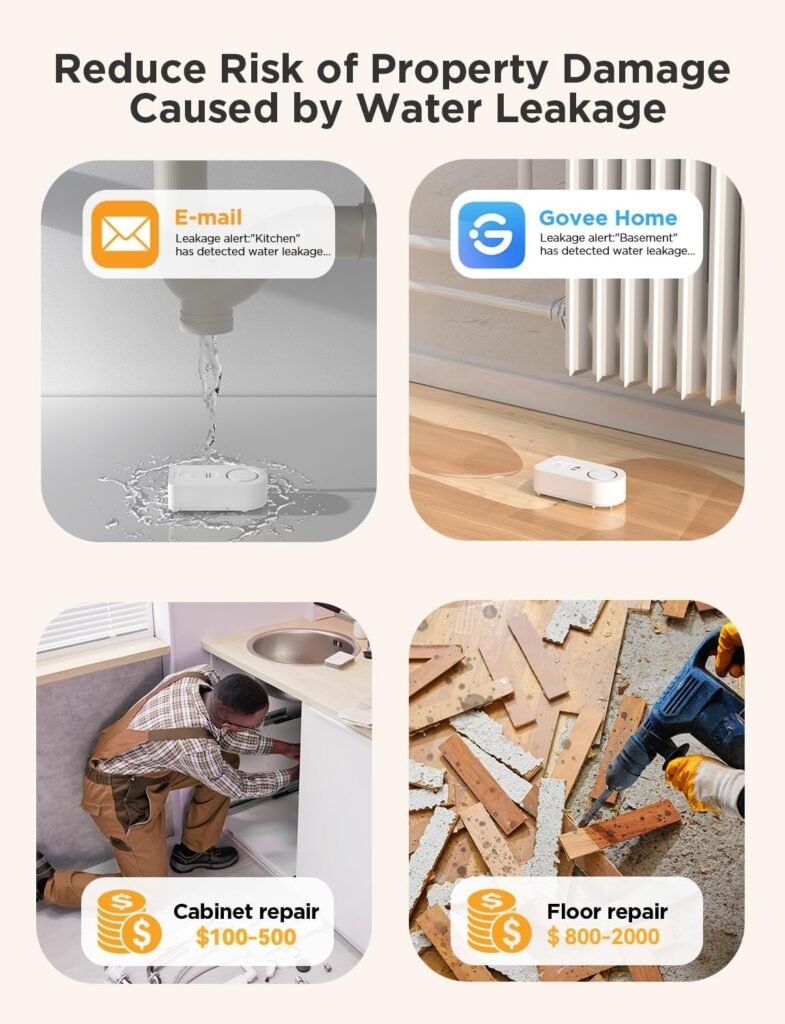 Govee WiFi Water Sensor 3 Pack, Smart Water Leak Detector, 100dB Adjustable Alarm Suit for Home and Basement, Water Leak Alert with Email  APP Push