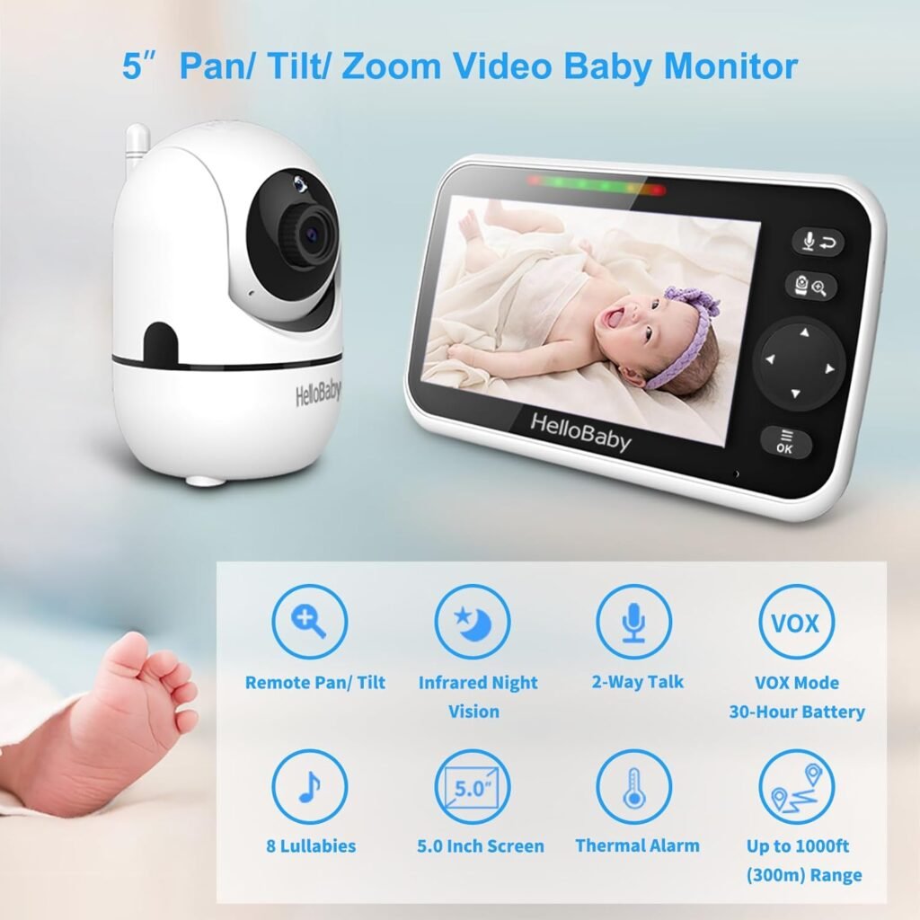 HelloBaby Upgrade Baby Monitor, 5 Screen with 30-Hour Battery, Pan-Tilt-Zoom Video Baby Monitor with Camera and Audio, Night Vision, VOX, 2-Way Talk, 8 Lullabies and 1000ft Range No WiFi