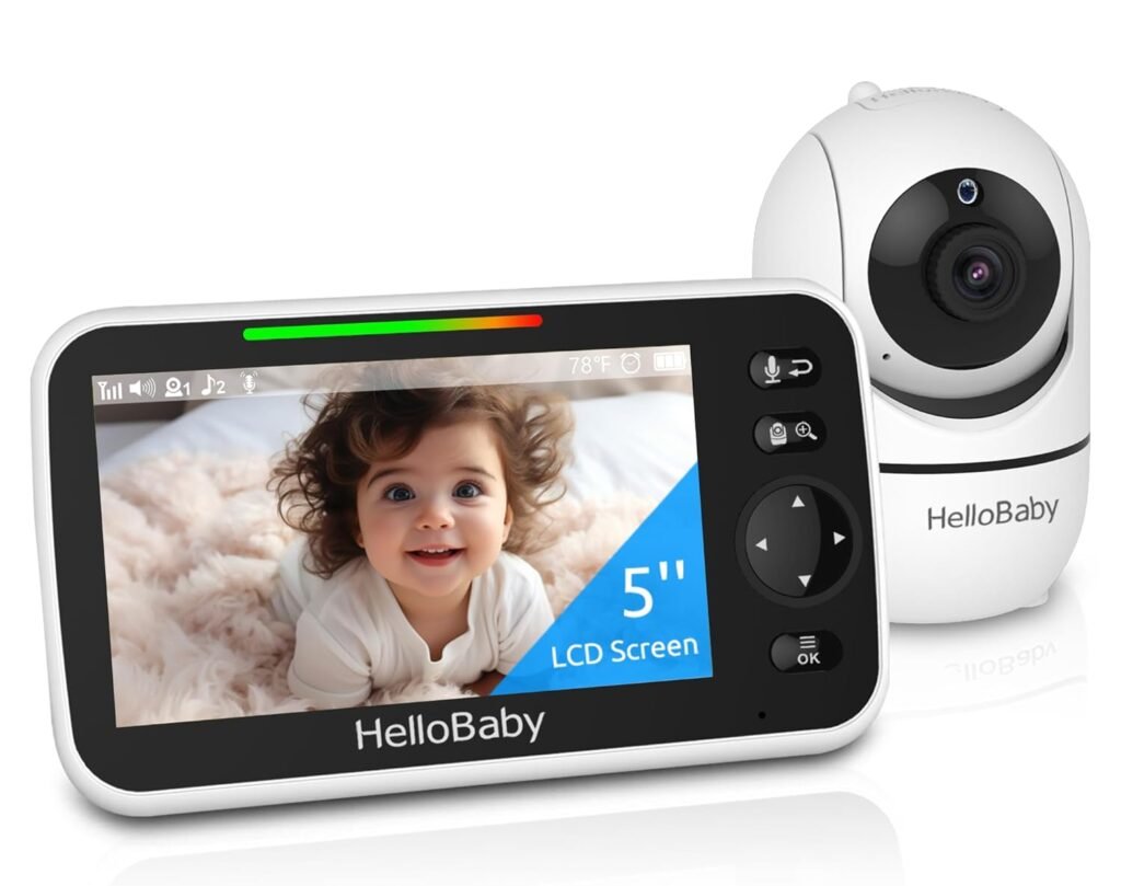 HelloBaby Upgrade Baby Monitor, 5 Screen with 30-Hour Battery, Pan-Tilt-Zoom Video Baby Monitor with Camera and Audio, Night Vision, VOX, 2-Way Talk, 8 Lullabies and 1000ft Range No WiFi