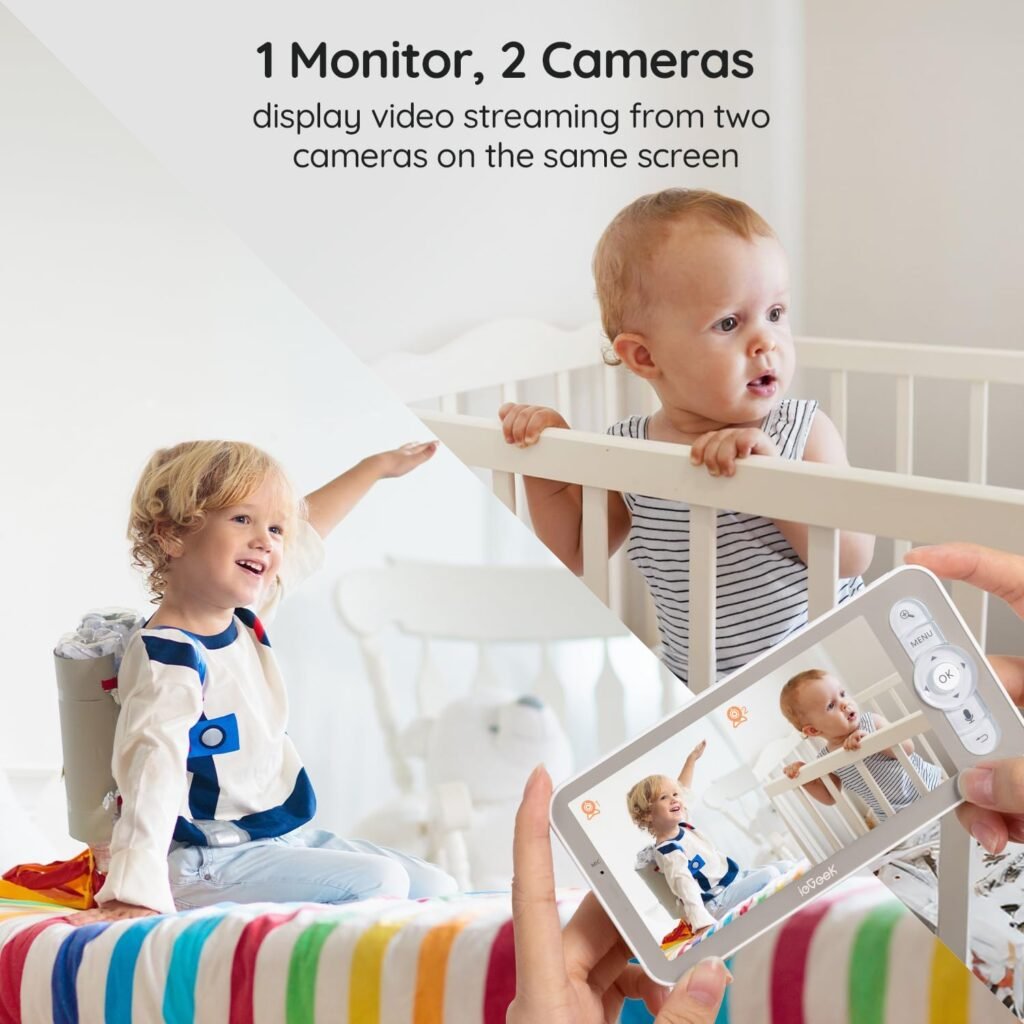 ieGeek 2K Split-Screen Baby Monitor, 5 Audio Baby Monitor with 2 Cameras, WiFi Smartphone Video Dual Camera, Night Vision, Motion  Cry Detection, Two Way Talk Temper Humidity Sensor