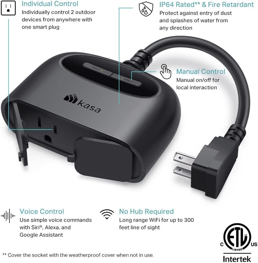 Kasa Outdoor Smart Plug, Smart Home Wi-Fi Outlet with 2 Sockets, IP64 Weather Resistance, Compatible with Alexa, Google Home IFTTT, No Hub Required, ETL Certified(EP40), Black Kasa Outdoor Smart Plug, Smart Home Wi-Fi Outlet with 2 Sockets, IP64 Weather Resistance, Compatible with Alexa, Google Home IFTTT, No Hub Required, ETL Certified(EP40), Black