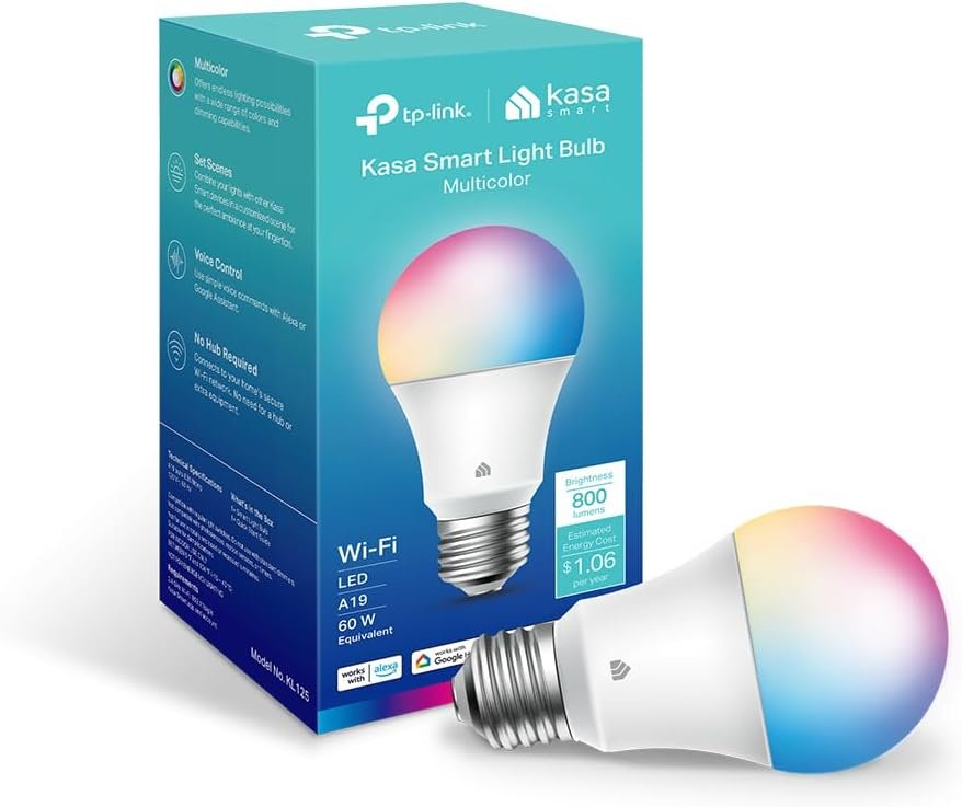 Kasa Smart Light Bulbs, Full Color Changing Dimmable Smart WiFi Bulbs Compatible with Alexa and Google Home, A19, 60 W 800 Lumens,2.4Ghz only, No Hub Required, 2-Pack (KL125P2), Multicolor
