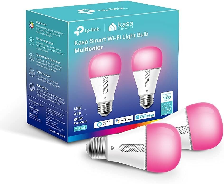 Kasa Smart Light Bulbs, Full Color Changing Dimmable Smart WiFi Bulbs Compatible with Alexa and Google Home, A19, 60 W 800 Lumens,2.4Ghz only, No Hub Required, 2-Pack (KL125P2), Multicolor