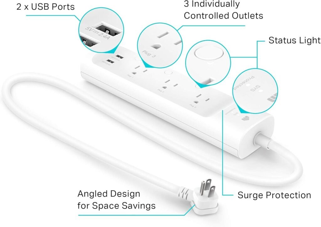 Kasa Smart Plug Power Strip KP303, Surge Protector with 3 Individually Controlled Smart Outlets and 2 USB Ports, Works with Alexa  Google Home, No Hub Required , White