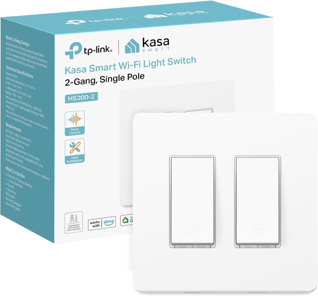 Kasa Smart Switch 2-Gang HS200-2, Single Pole,Neutral Wire Required, 2.4GHz Wi-Fi Light Switch Compatible with Alexa and Google Home, UL Certified, No Hub Required, White