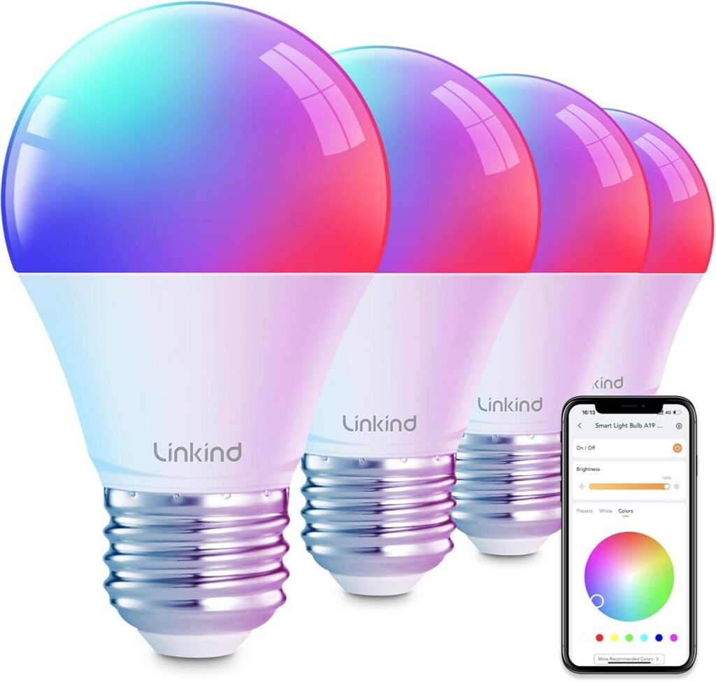 Linkind Smart Light Bulbs, Smart Bulb That Work with Alexa  Google Home, LED Light Bulbs Color Changing, 64 Preset Scenes, Music Sync, A19 E26 2.4GHz RGBTW WiFi Bluetooth Light Bulb 60W, 800LM, 4Pack