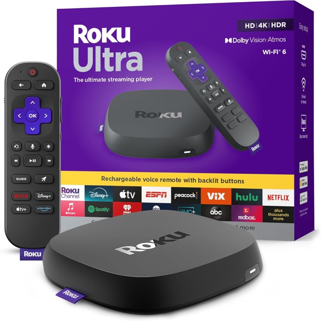 Roku Ultra 2024 - Ultimate Streaming Player - 4K Streaming Device for TV with HDR10+, Dolby Vision  Atmos - Bluetooth  Wi-Fi 6- Rechargeable Voice Remote Pro with Backlit Buttons - Free  Live TV