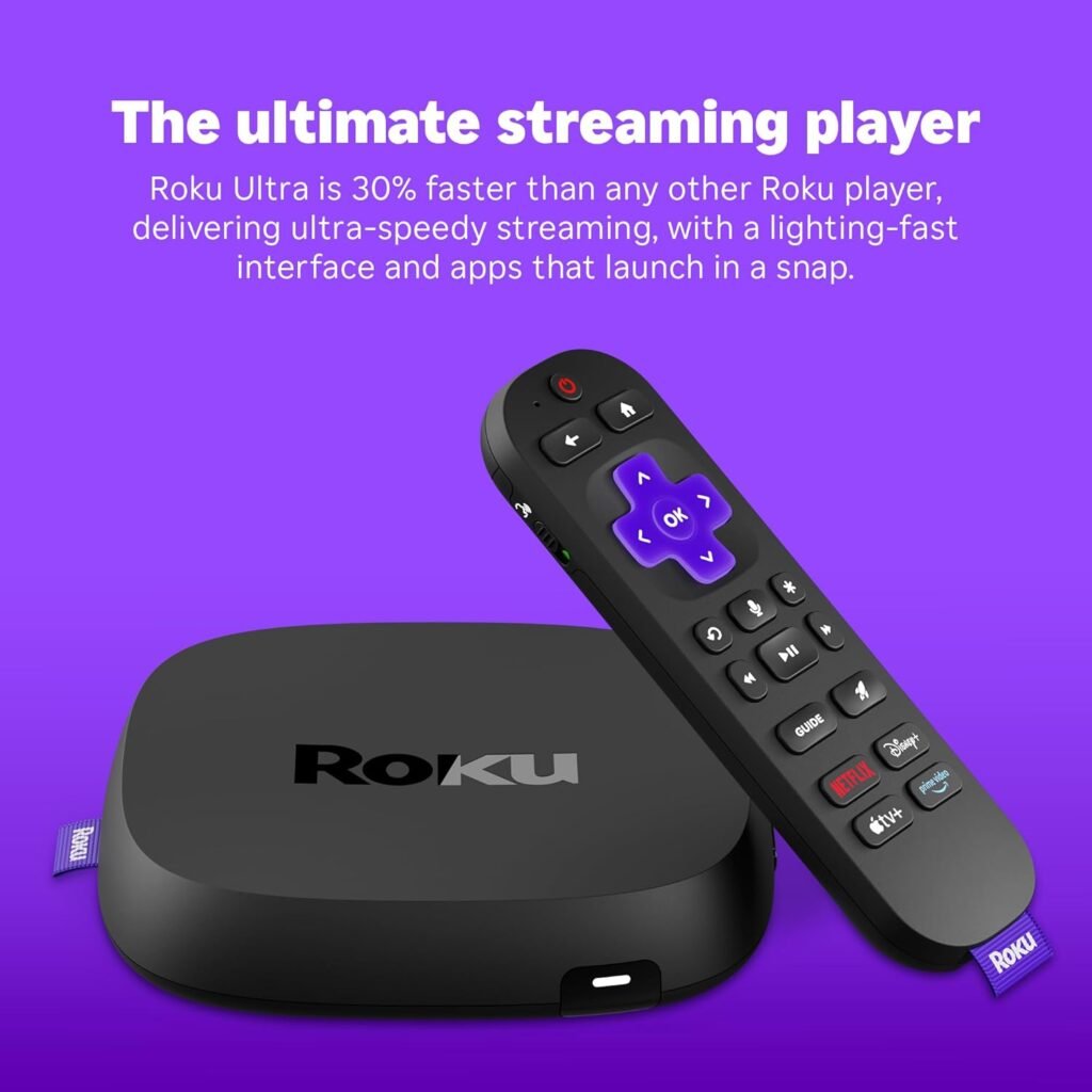 Roku Ultra 2024 - Ultimate Streaming Player - 4K Streaming Device for TV with HDR10+, Dolby Vision  Atmos - Bluetooth  Wi-Fi 6- Rechargeable Voice Remote Pro with Backlit Buttons - Free  Live TV