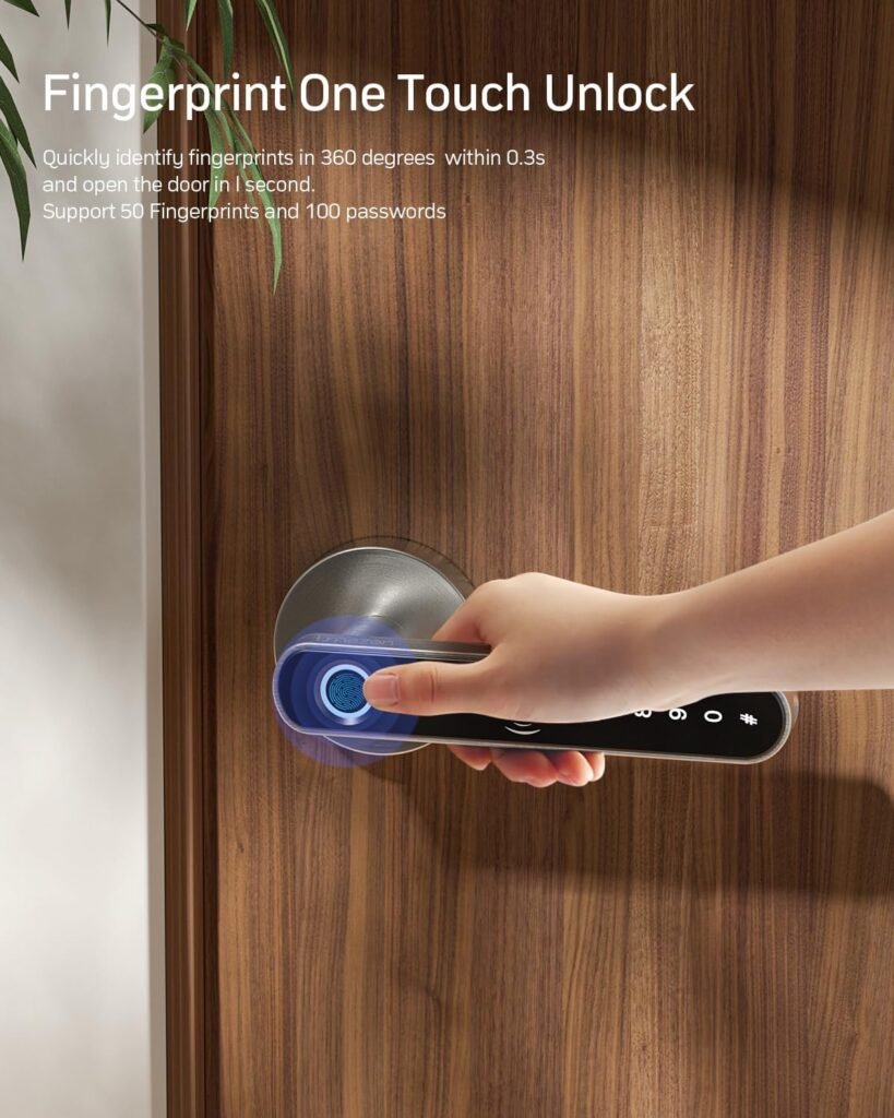 TMEZON Smart Door Lock Fingerprint, Keyless Entry Door Lock with Handle, APP/IC Cards/Codes/Keys/Fingerprints Biometric Electronic Keyless Entry Lock for Bedroom Home Hotel Office