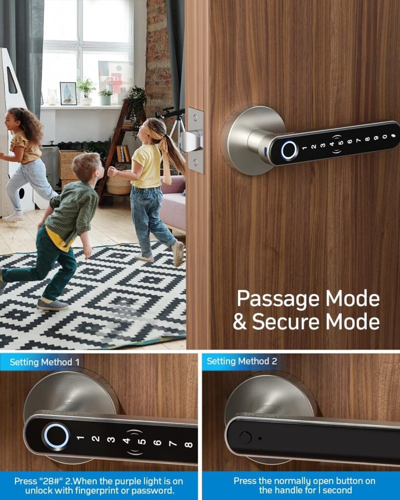 TMEZON Smart Door Lock Fingerprint, Keyless Entry Door Lock with Handle, APP/IC Cards/Codes/Keys/Fingerprints Biometric Electronic Keyless Entry Lock for Bedroom Home Hotel Office