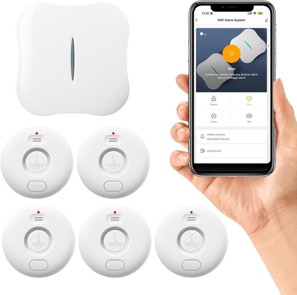 WiFi Water Leak Detector for Home 5pack, 120dB Adjustable Alarm, Smart Water Sensor Alarm, Wireless Water Leak Alert with App Notification, 5 Sensors  1 Gateway for Bathroom,Laundry,Kitchen