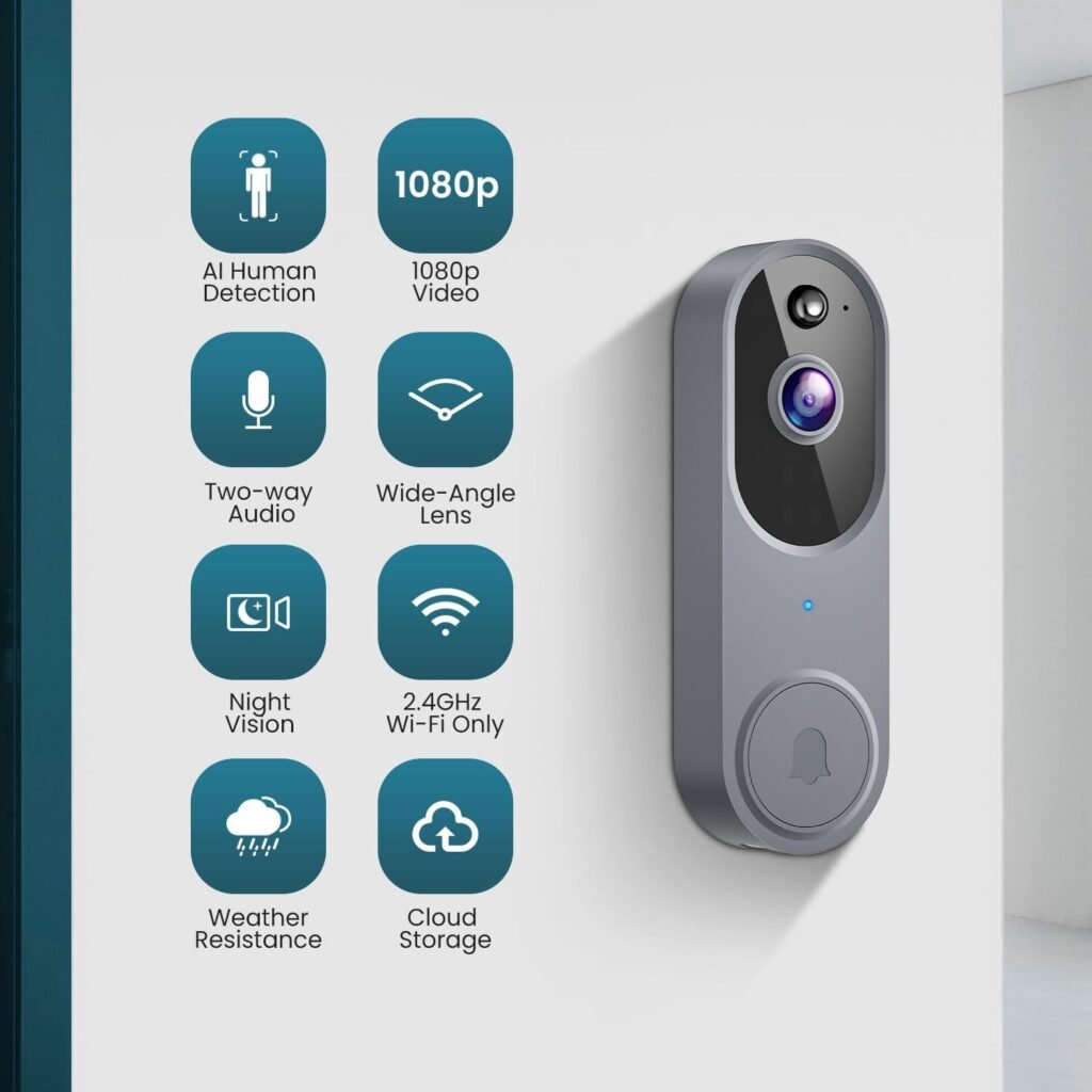 Wireless Wi-Fi Video Doorbell Camera with Two Way Audio, AI Motion Detection, Night Vision and Cloud Storage