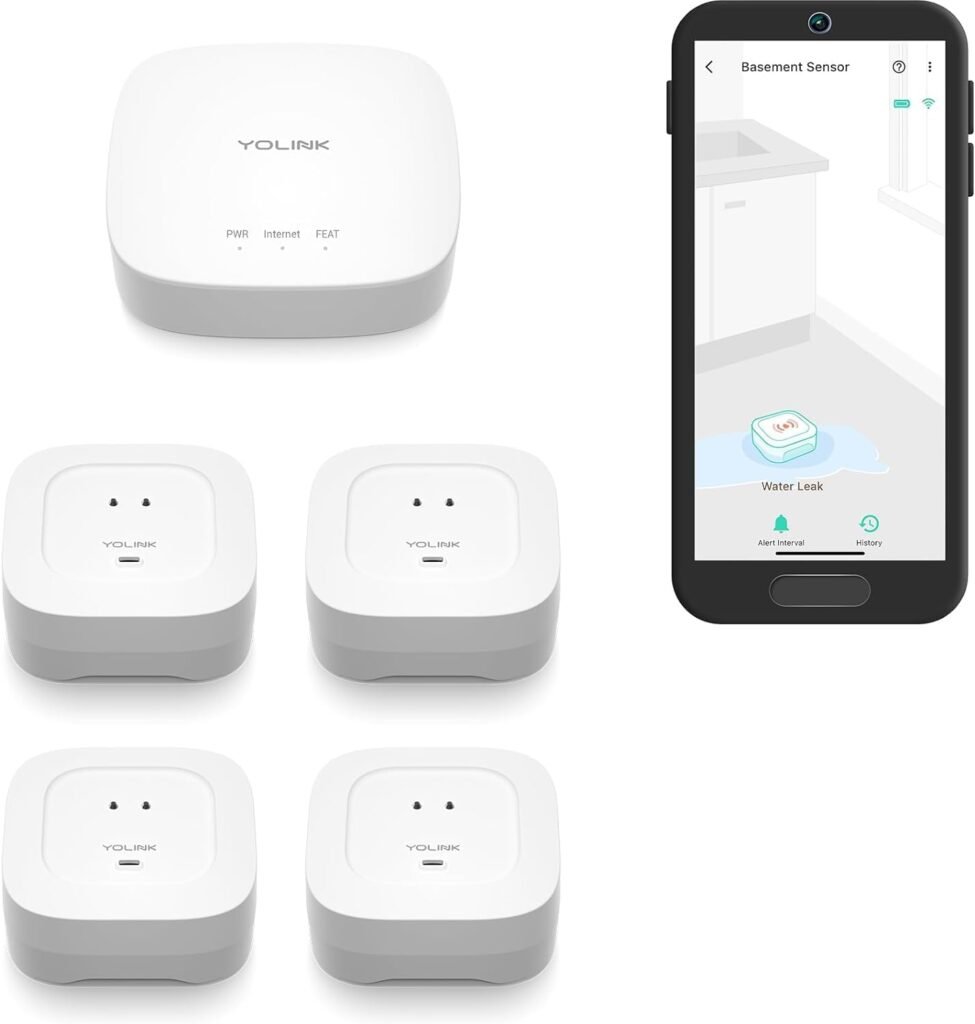 YoLink Smart Home Starter Kit: Hub  Water Leak Sensor 4 with 105dB Audio Alarm 4-Pack, SMS/Text, Email  Push Notifications, Freeze Warning, LoRa Up to 1/4 Mile Open-Air Range, w/Alexa, IFTTT
