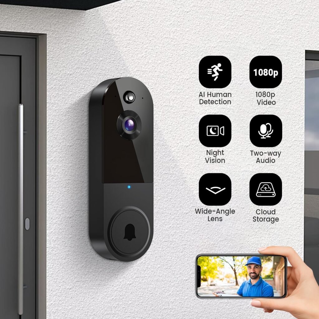 1080P Wireless Video Doorbell Camera, Night Vision, Intelligent AI Detection, Two-Way Audio, 2.4GHz Wi-Fi Support, Chime Included, Battery Powered, Cloud Storage (Sold Seperately)