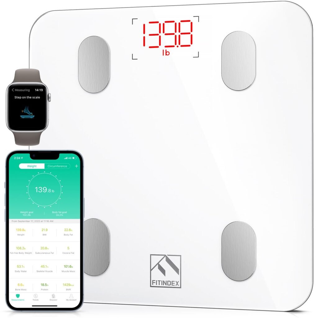 FITINDEX Smart Scale for Body Weight, Bluetooth Body Fat Scale with BMI, Muscle Mass, 13 Body Composition, Digital Bathroom Scale, 400lb - FSA HSA Eligible, White