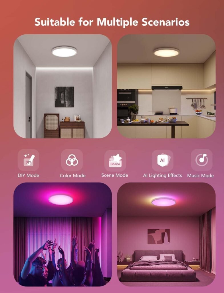 Govee Smart Ceiling Light, RGBIC LED Ceiling Light Fixture, 2400LM Flush Mount Light Fixture, DIY Colors, Works with Alexa, 2200K-6500K Ceiling Lights for Bedroom, Living Room, 12 Inch, 1 Pack