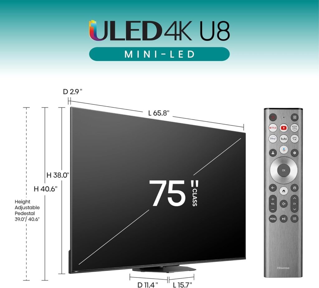 Hisense U8 Series 65U8N 65-Inch ULED 4K Smart TV | Mini-LED Pro | QLED | 3000 Nits | 144Hz | Motion Rate 480 | Dolby Vision IQ · Atmos | Full Array Local Dimming | 2.1.2 Ch Surround Sound | Google TV