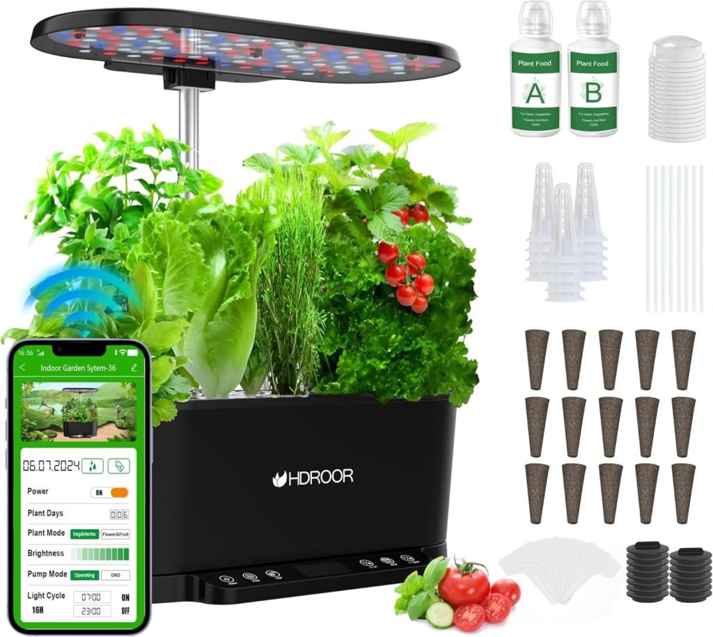 Hydroponics Growing System Kit APP Controlled, 15 Pods Indoor Herb Garden Hydroponic 36W Grow Light, Smart Indoor Garden, Height Adjustable to 30, Auto Timer, Quiet Pump, Water Shortage Alarm, Black