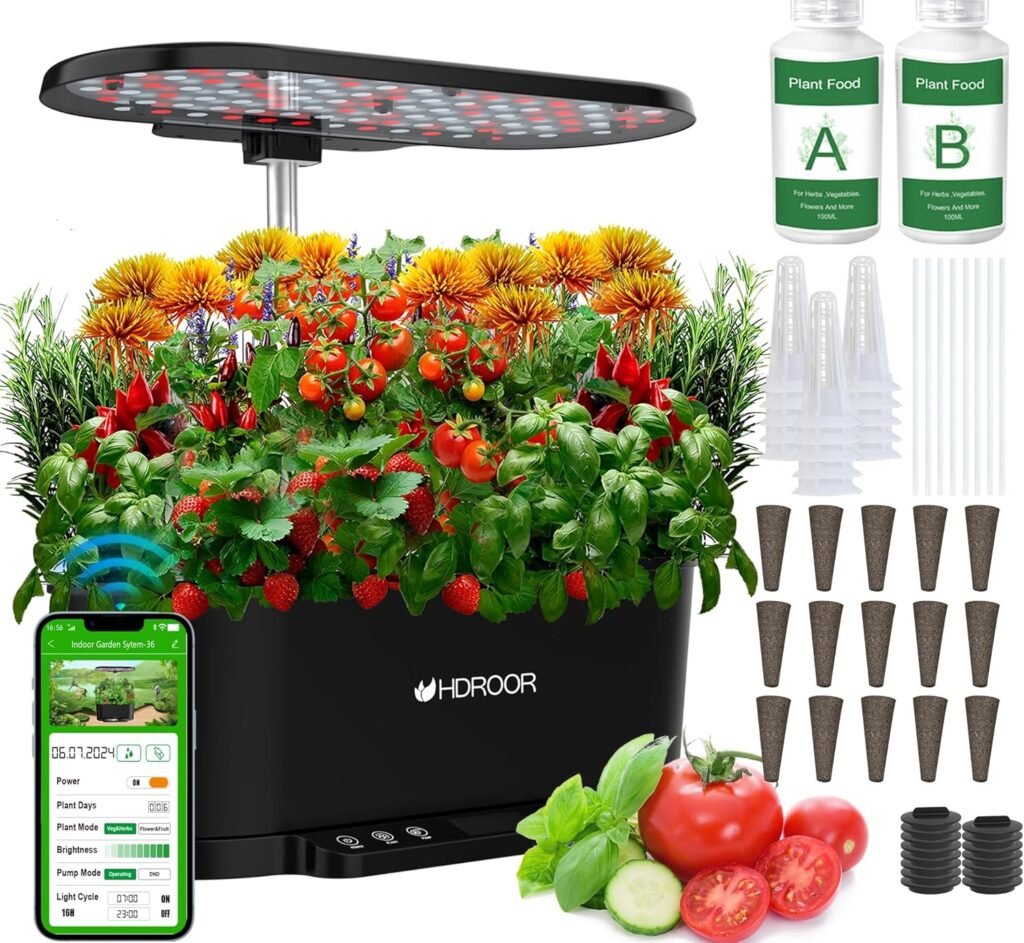 Hydroponics Growing System Kit APP Controlled, 15 Pods Indoor Herb Garden Hydroponic 36W Grow Light, Smart Indoor Garden, Height Adjustable to 30, Auto Timer, Quiet Pump, Water Shortage Alarm, Black
