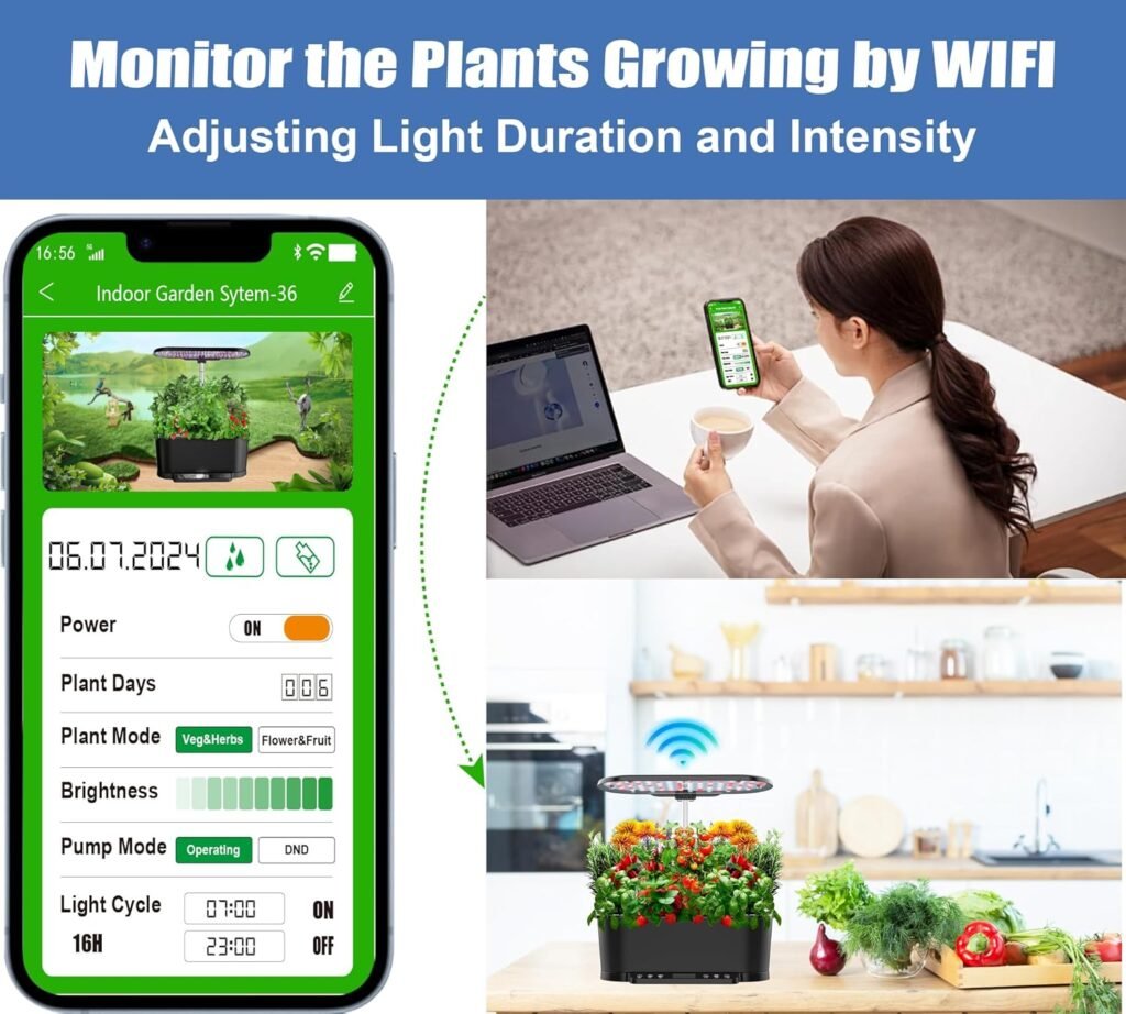 Hydroponics Growing System Kit APP Controlled, 15 Pods Indoor Herb Garden Hydroponic 36W Grow Light, Smart Indoor Garden, Height Adjustable to 30, Auto Timer, Quiet Pump, Water Shortage Alarm, Black
