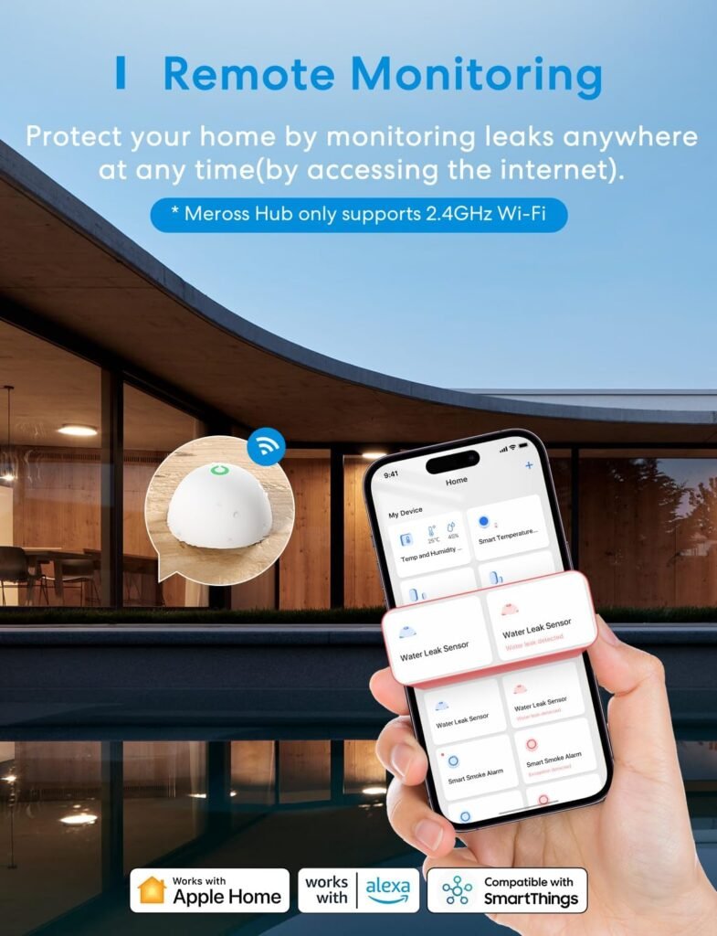 Meross Smart Water Sensor Alarm 3 Pack, WiFi Water Leak Detector Support Apple HomeKit, SmartThings, IP67 Waterproof with App Alerts, Alarm, 100M Range for Home Basement Kitchen (Meross Hub Included)