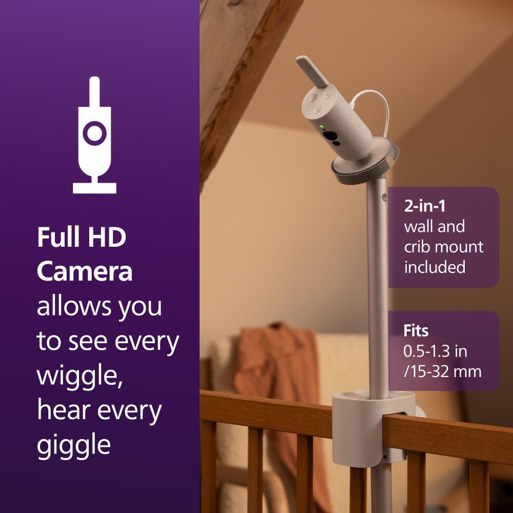 Philips Avent Premium Connected Baby Monitor, with 1080p Camera and App, SenseIQ Sleep and Breathing Rate Tracking, Cry Detection and Translation, Day and Night View, Two-way True Talk Back, SCD973/37