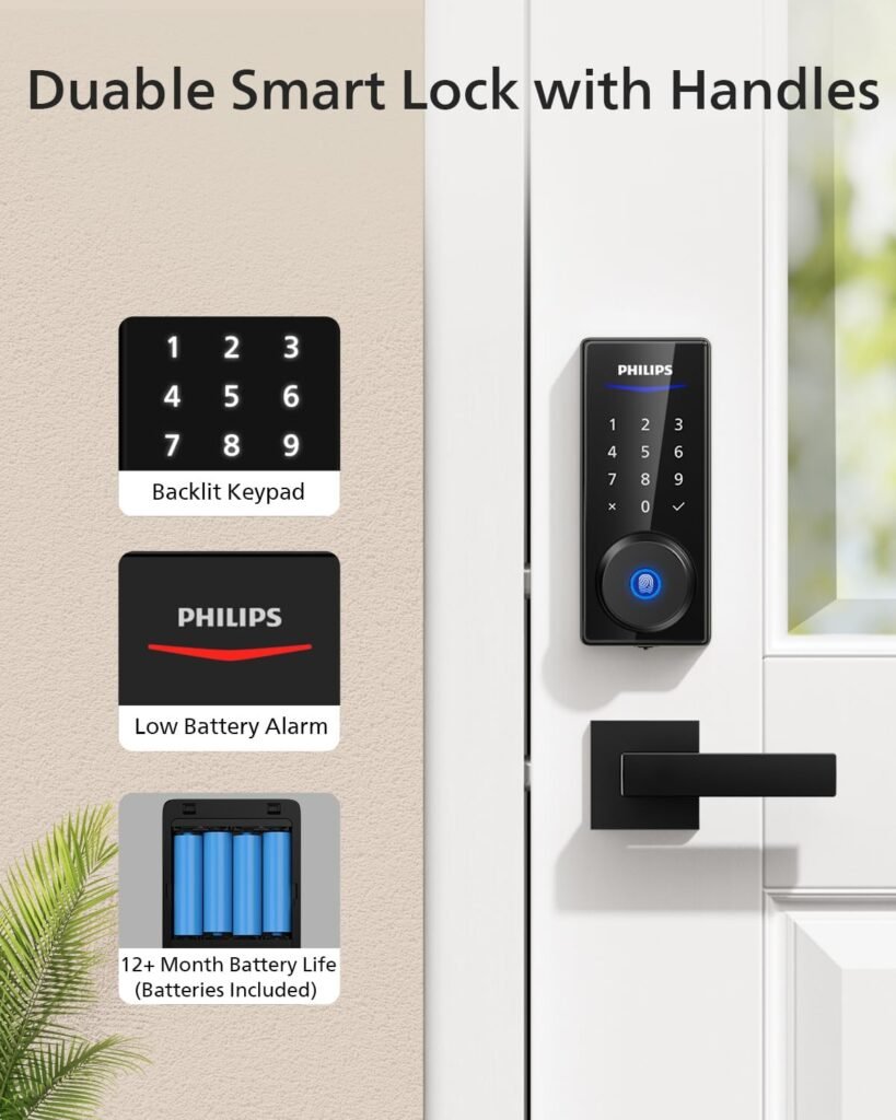 Philips Smart Lock with Handles, Keyless Entry Door Lock Set, Smart Door Lock with 2 Level Handles, Digital Keypad Deadbolt for Front Door, App Unlock, Fingerprint Unlock, PIN Code Unlock, Auto Lock