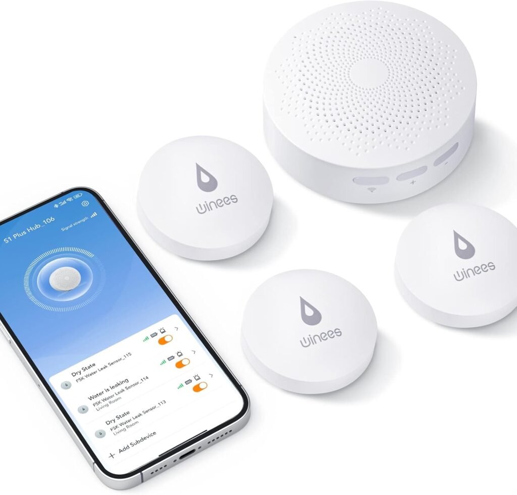 Winees WiFi Water Leak Detector, 3 Pack Water Sensors with 100dB Adjustable Alarm, Leak Alert EmailSMS Notification, 200M Transmission for Basement, Bathroom, Laundry, IFTTT, S1 Plus, 2.4G WiFi Only