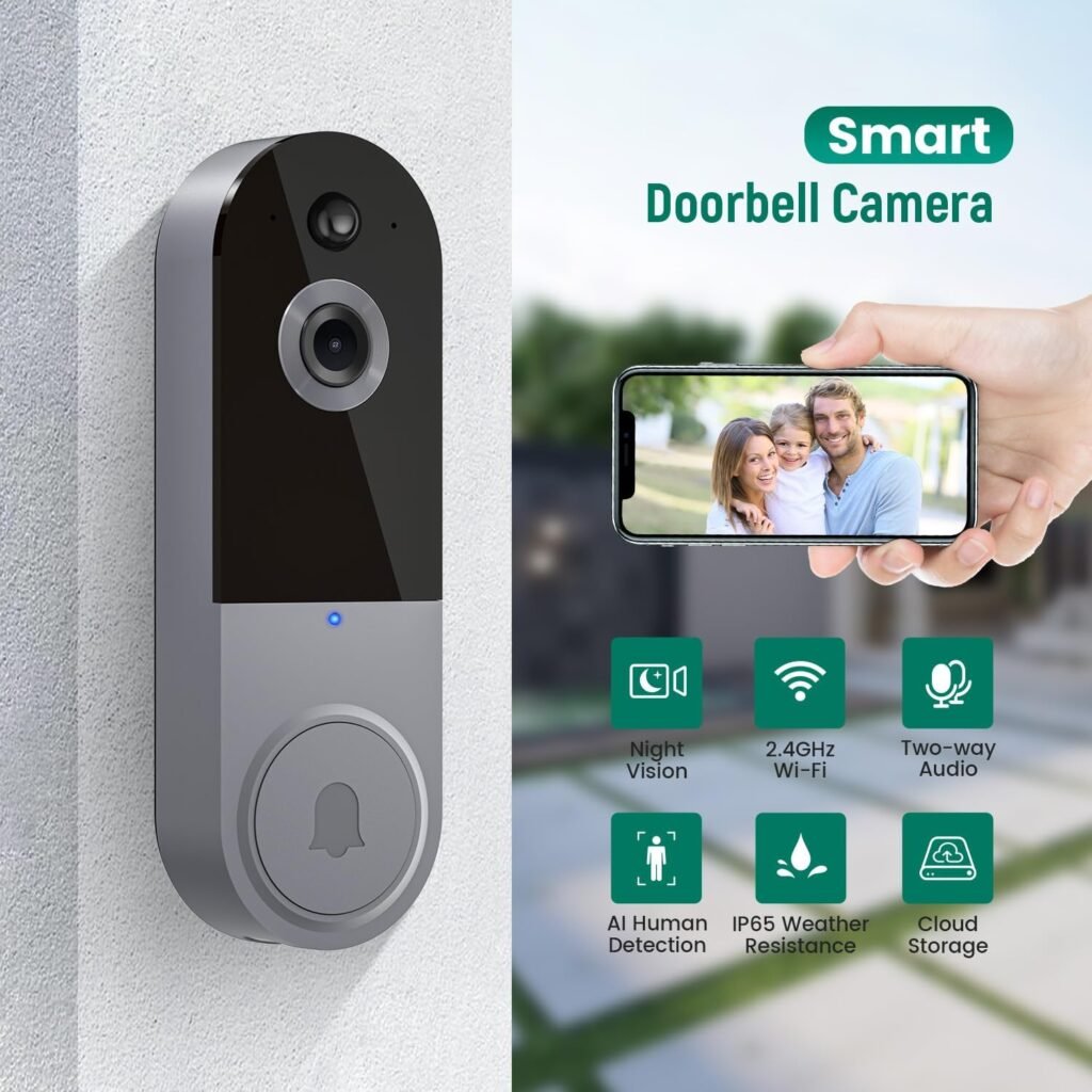 Wireless 1080p Video Doorbell Camera, AI Human Detection, Live View, 2-Way Audio Included Chime, Night Vision, 2.4G Wi-Fi, Cloud Storage, Indoor/Outdoor Surveillance Cam (Black)