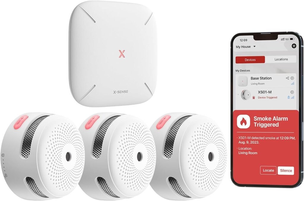 X-Sense Smart Smoke Detectors with SBS50 Base Station, Wi-Fi Smoke Alarm Compatible with X-Sense Home Security App, Wireless Interconnected Mini Fire Alarm, Model FS51