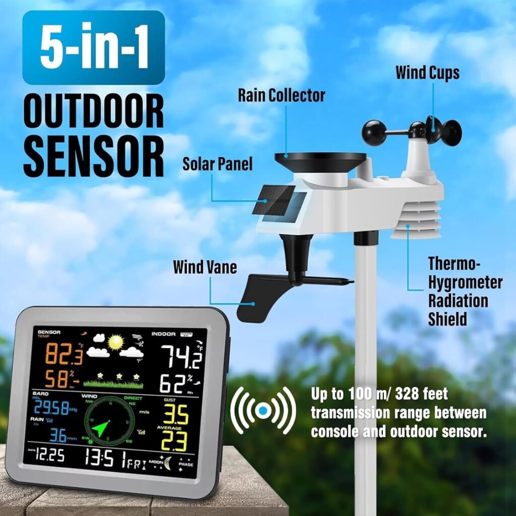 10-in-1 Weather Station Wireless,Thermometer,Humidity,Air Pressure,Rain Gauge,Dew Point,Wind Speed/Direction,Moon Phase,Forecast,Alarm,Chart