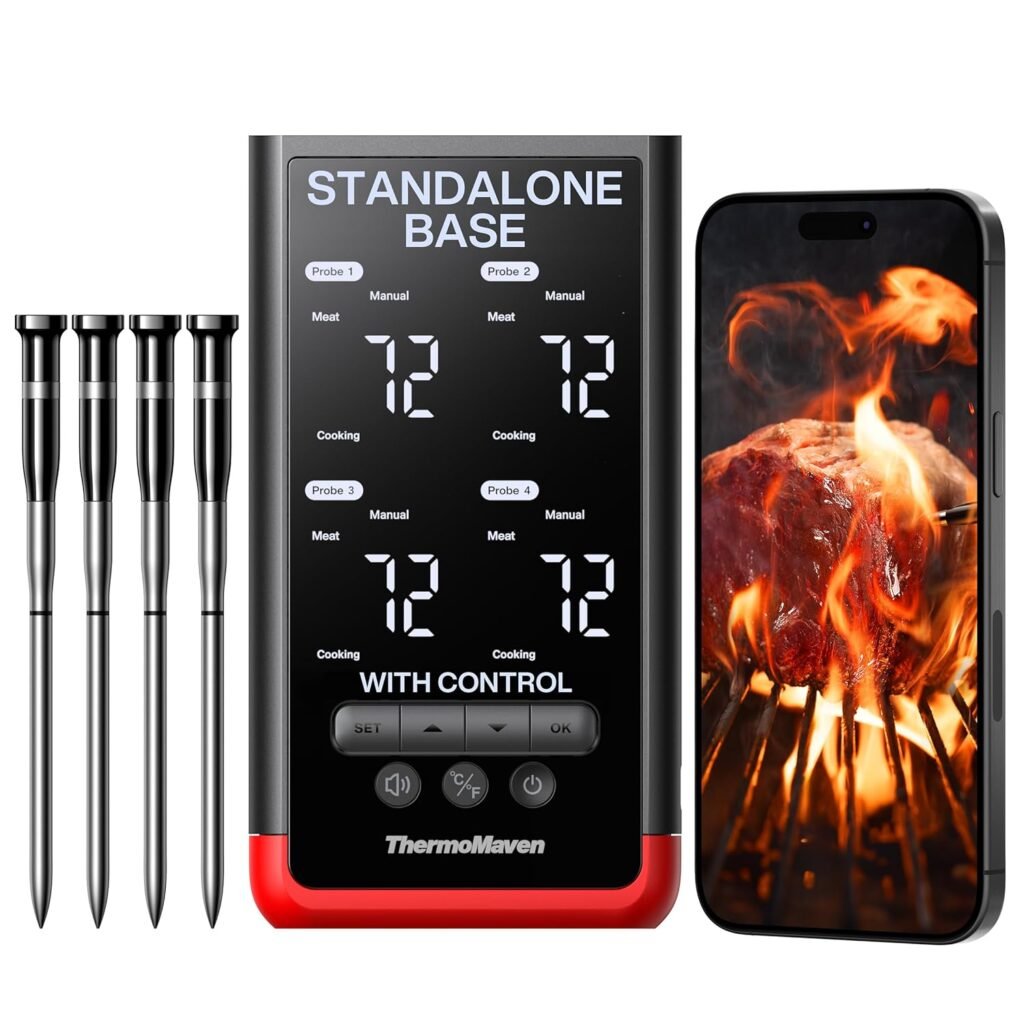 4-Probe Bluetooth Smart Wireless Meat Thermometer: Standalone Base, WiFi Unlimited Range, 6 Sensors with NIST Certified Accuracy, Ideal for Kitchen, BBQ, Grill, Oven, Smoker, Rotisserie