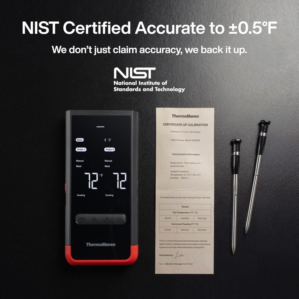 4-Probe Bluetooth Smart Wireless Meat Thermometer: Standalone Base, WiFi Unlimited Range, 6 Sensors with NIST Certified Accuracy, Ideal for Kitchen, BBQ, Grill, Oven, Smoker, Rotisserie