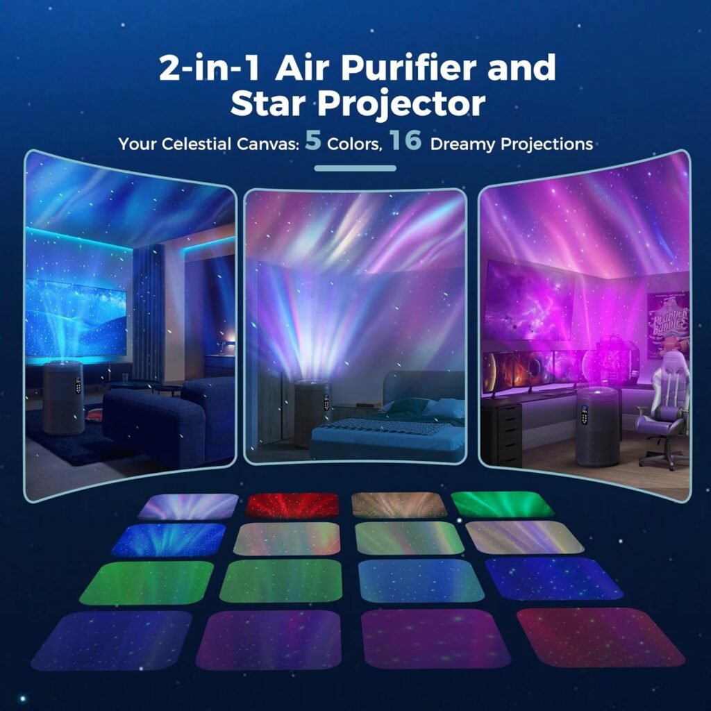 AROEVE Air Purifier for Large Rooms up to 1,782 Sq. Ft. with Star Projector, Smart WiFi, Air Quality Sensor, UV Function, and Washable Filter for Whole Home Use for a Cozy Holiday, MK09W Black