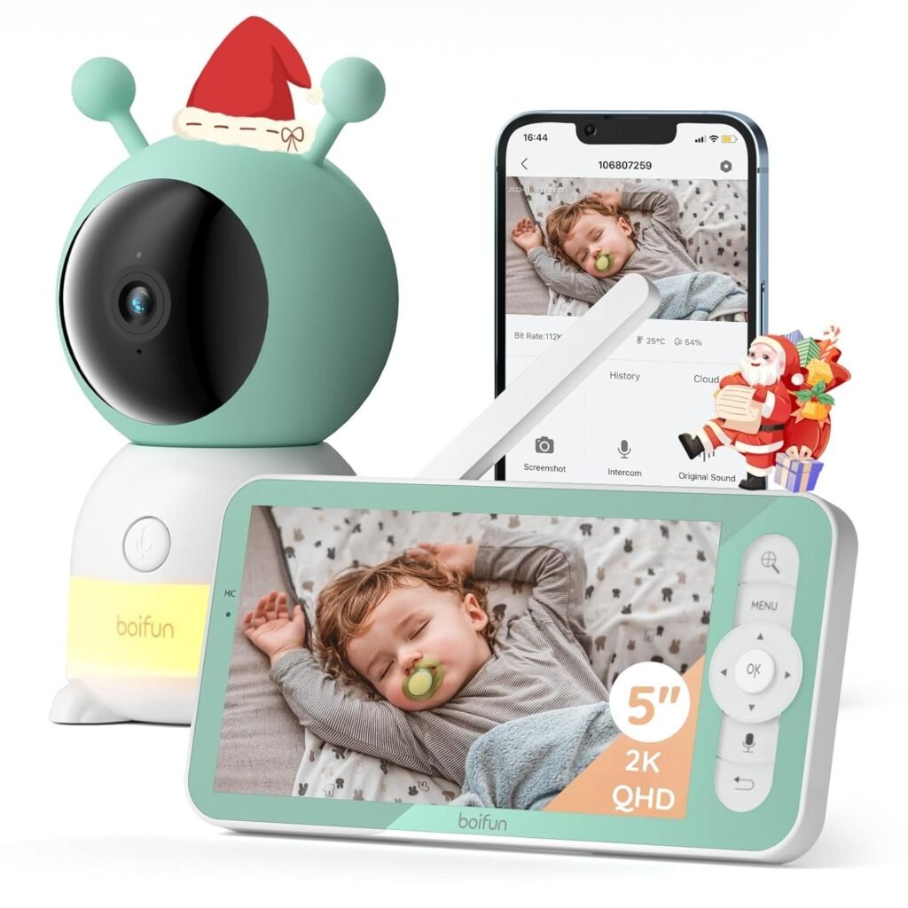 BOIFUN 2K 5 Video Baby Monitor WiFi, 360 View Baby Camera with Night Light, Via Smartphone App and Screen Control, AI Motion  Sound Detection, Auto Tracking, Two-Way Talk,3000mAh Battery