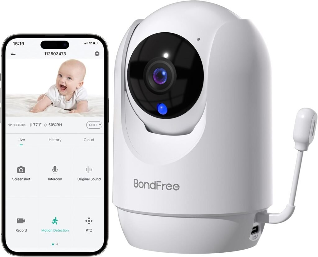 BondFree Baby Monitor with Camera and Audio, 2K Smart Baby Monitor with App, Temperature Humidity, 2-Way Talk, 3MP Night Vision, 14 Lullabies,Cry  Motion Detection, 4X Zoom-5Ghz WiFi Baby Monitor
