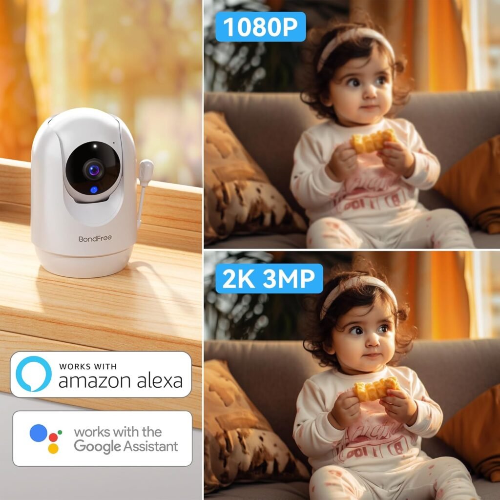 BondFree Baby Monitor with Camera and Audio, 2K Smart Baby Monitor with App, Temperature Humidity, 2-Way Talk, 3MP Night Vision, 14 Lullabies,Cry  Motion Detection, 4X Zoom-5Ghz WiFi Baby Monitor