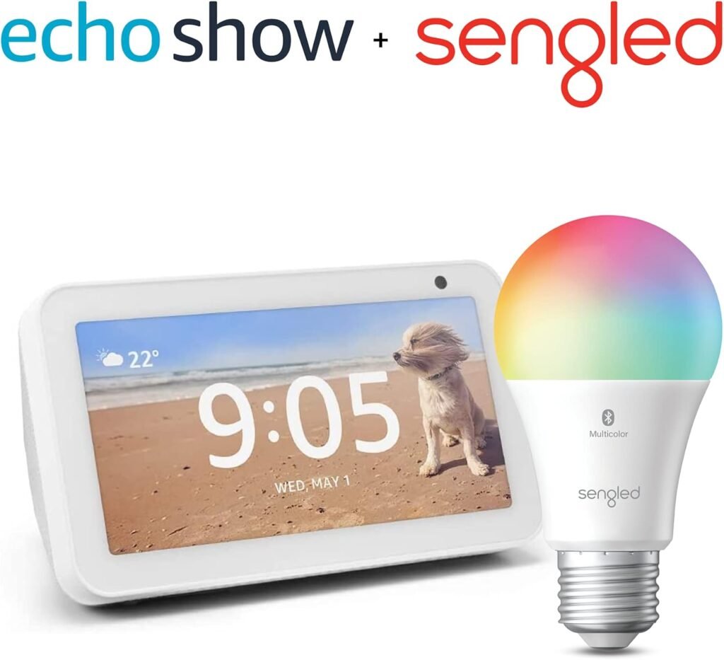 Echo Show 5 | Sandstone with Sengled Bluetooth Smart Color Bulb | Alexa Smart Home Starter Kit