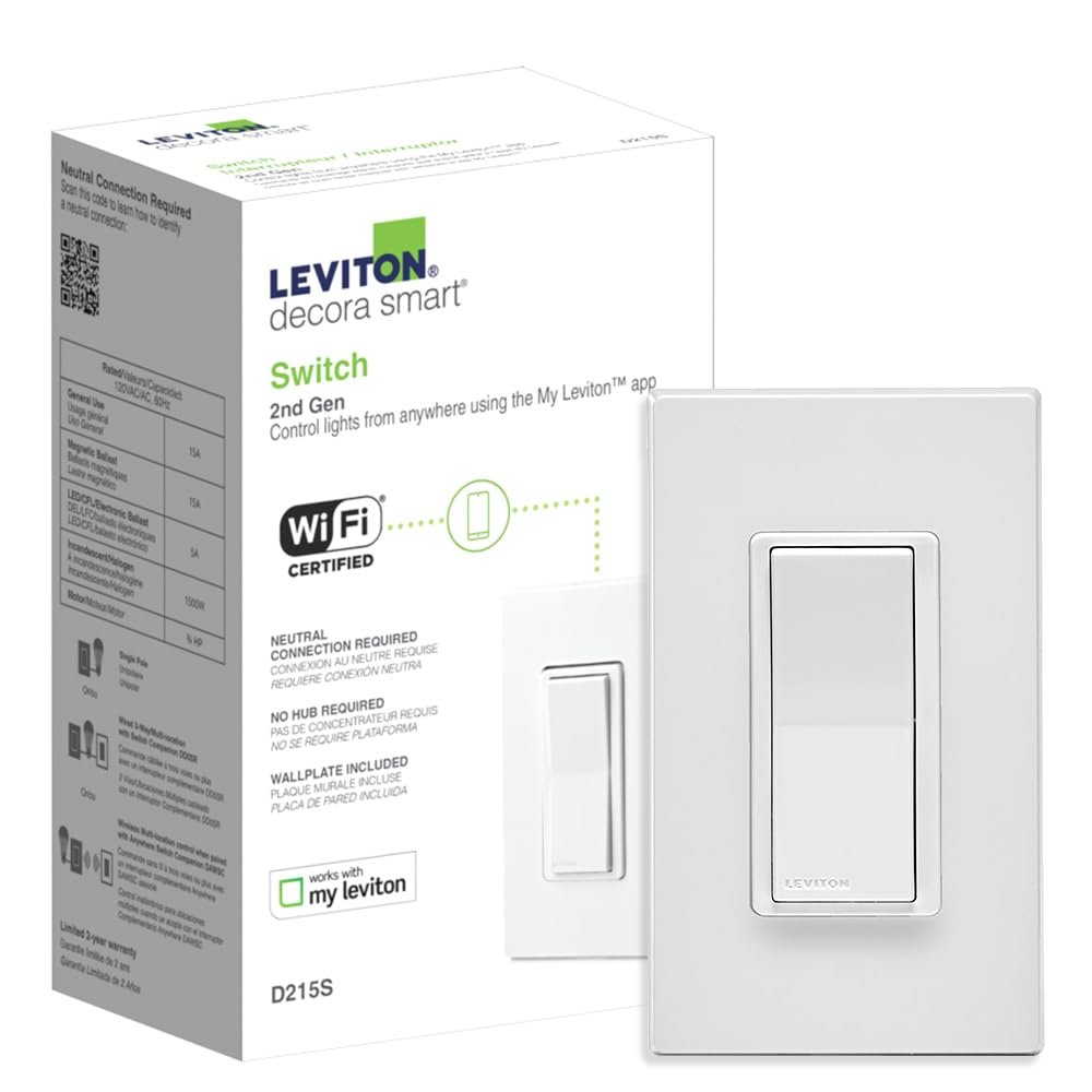 Leviton Decora Smart Switch, Wi-Fi 2nd Gen, Neutral Wire Required, Works with Matter, My Leviton, Alexa, Google Assistant, Apple Home/Siri  Wired or Wire-Free 3-Way, D215S-2RW, White