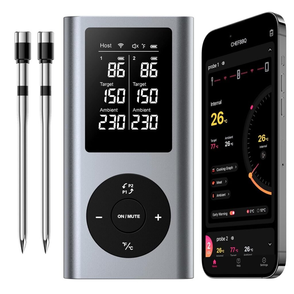Meat Thermometer Wireless with 2 Meat Probes, 800FT Long Range Bluetooth Thermometer Wireless Temperature Probes for Remote Monitoring of Grill, Oven, Smoker, Air Fryer, iOS  Android App