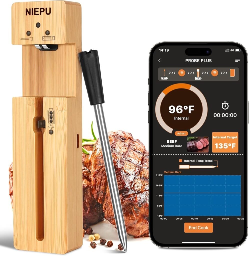 Smart Wireless Meat Thermometer, 1000 FT Bluetooth Meat Thermometer, Waterproof  Certified Accuracy Read ±0.9℉ Accuracy with Sensor for Remote Monitoring of Grill